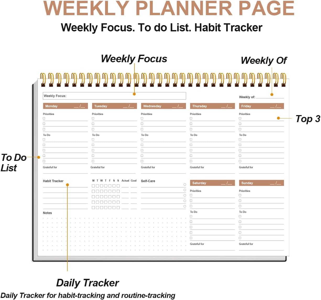 Weekly Productivity Planner - 8" x 11" Dashboard Desk Pad/Planner, Habit Tracker, Spiral Undated Weekly Planner for Office/School/Home, 54 Weeks, Black