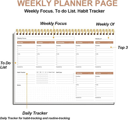 Weekly Productivity Planner - 8" x 11" Dashboard Desk Pad/Planner, Habit Tracker, Spiral Undated Weekly Planner for Office/School/Home, 54 Weeks, Black