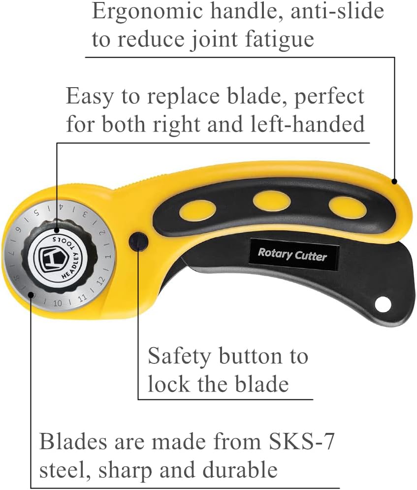 Headley Tools Rotary Cutter Set - 45mm Fabric Cutter, 5 Extra Rotary Blades, A3 Cutting Mat, Quilting Ruler and Sewing Clips, Craft Knife Set, Ideal for Crafting, Sewing, Patchworking, Purple
