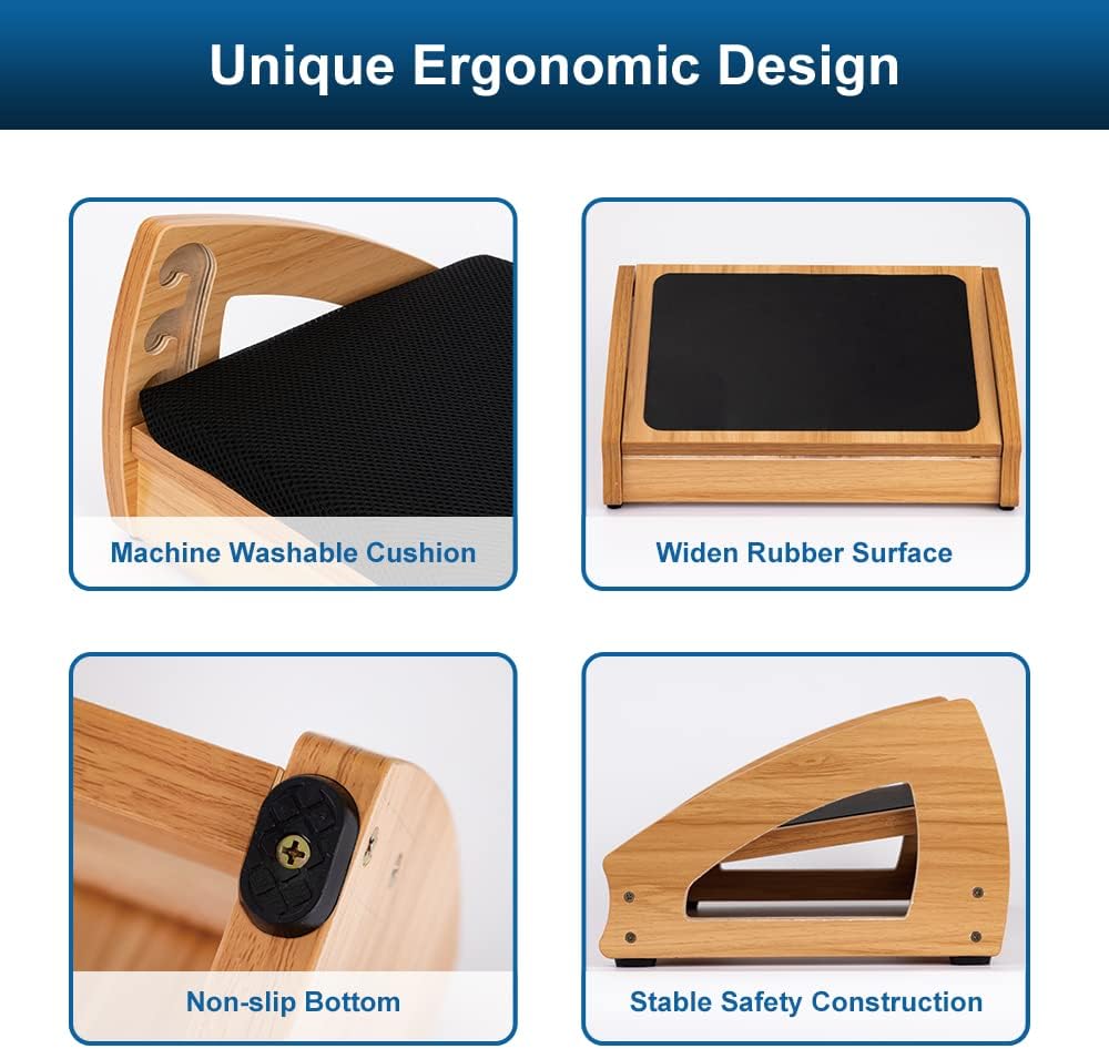 StrongTek Ergonomic Under Desk Footrest, 3 Adjustable Heights Wooden Office Footrest, Large Anti-Slip Surface, Improves Posture and Blood Circulation, up to 400lbs (Natural)