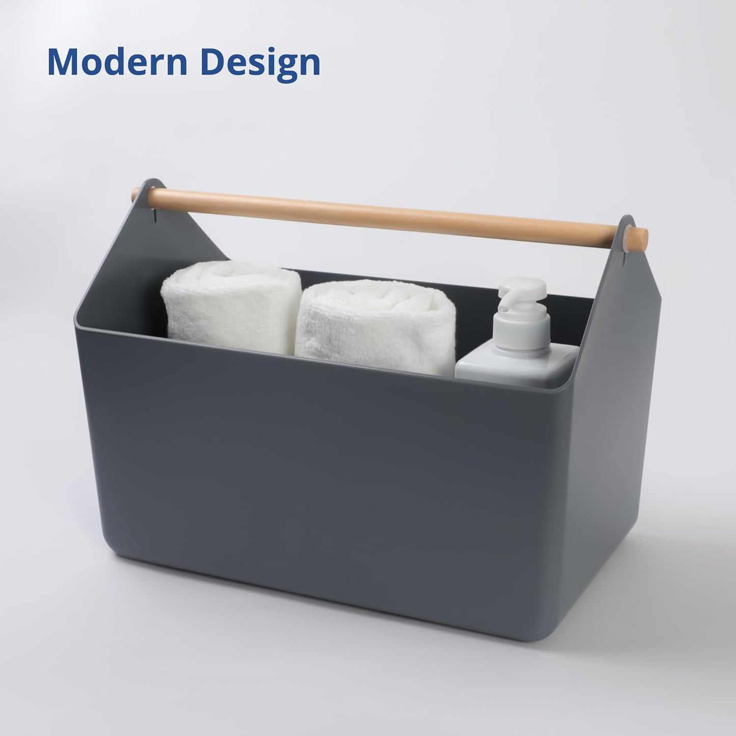 BLUE GINKGO Medium Storage Basket – Plastic Caddy with Wooden Handle for Office, Arts & Crafts, or Home Supplies (Gray)