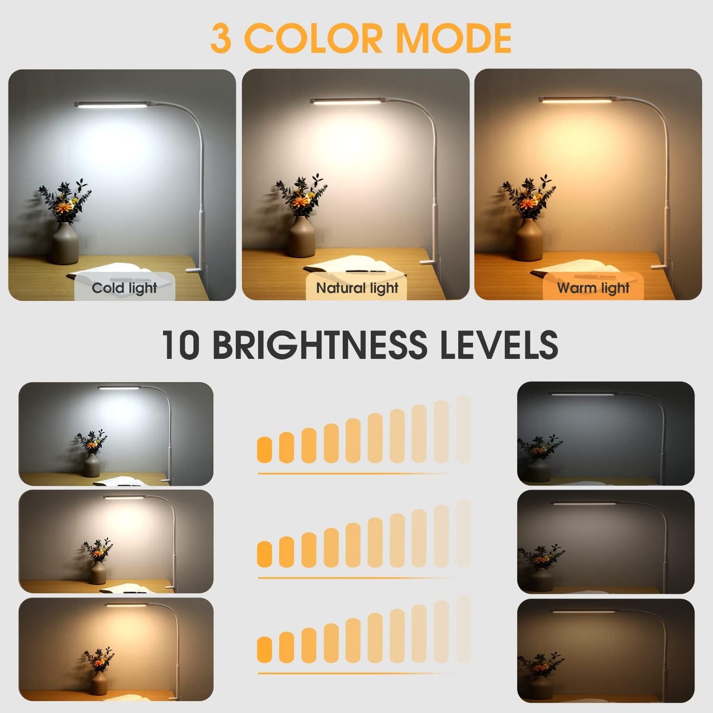 Voncerus LED Desk Lamp with Clamp, Eye-Caring Clip on Lights for Home Office, 3 Modes 10 Brightness, Long Flexible Goose-Neck, Metal, Swing Arm Architect Task Table Lamps with USB Adapter, White
