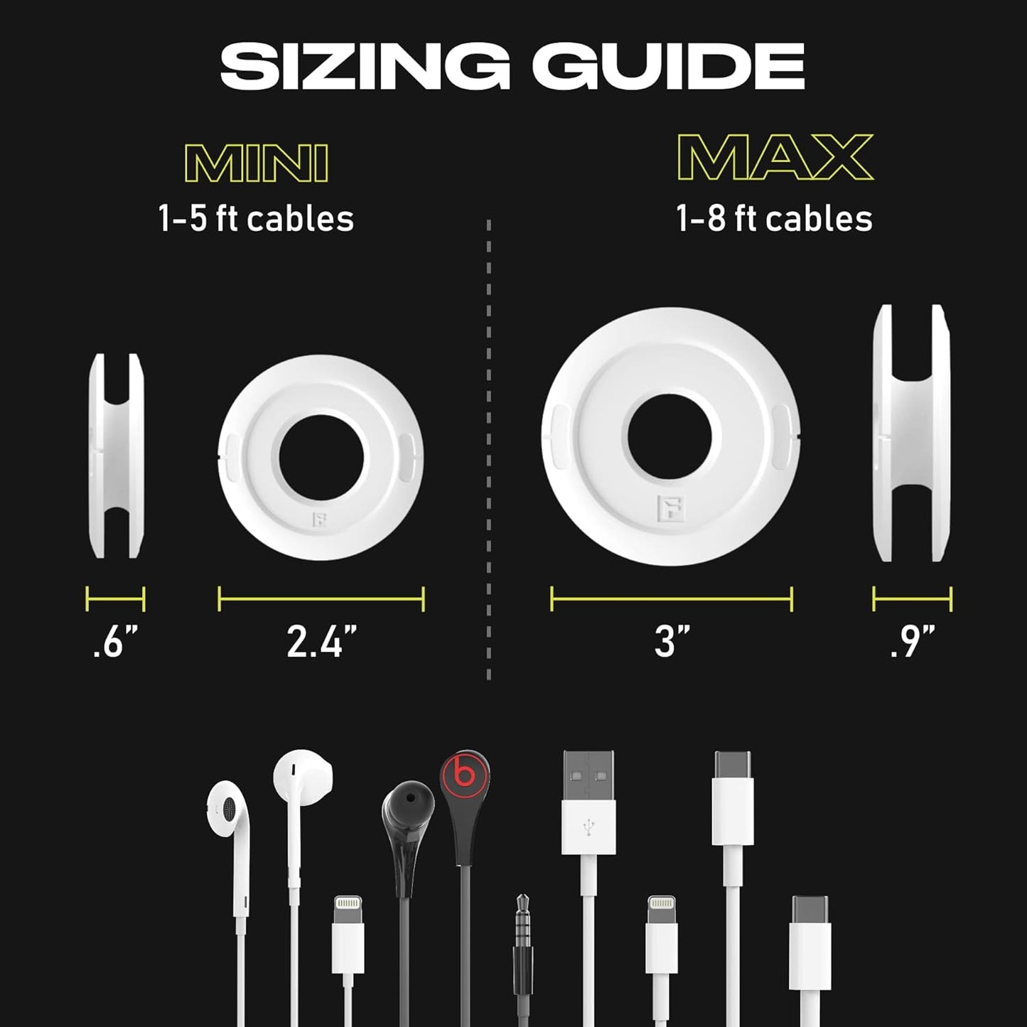 Side Winder Mini and Max Headphone, Earbud and Charging Cable Winder and Organizer Perfect for Wrapping Earbuds and Cords for Travel and Organization 2-Pack (White, Max)
