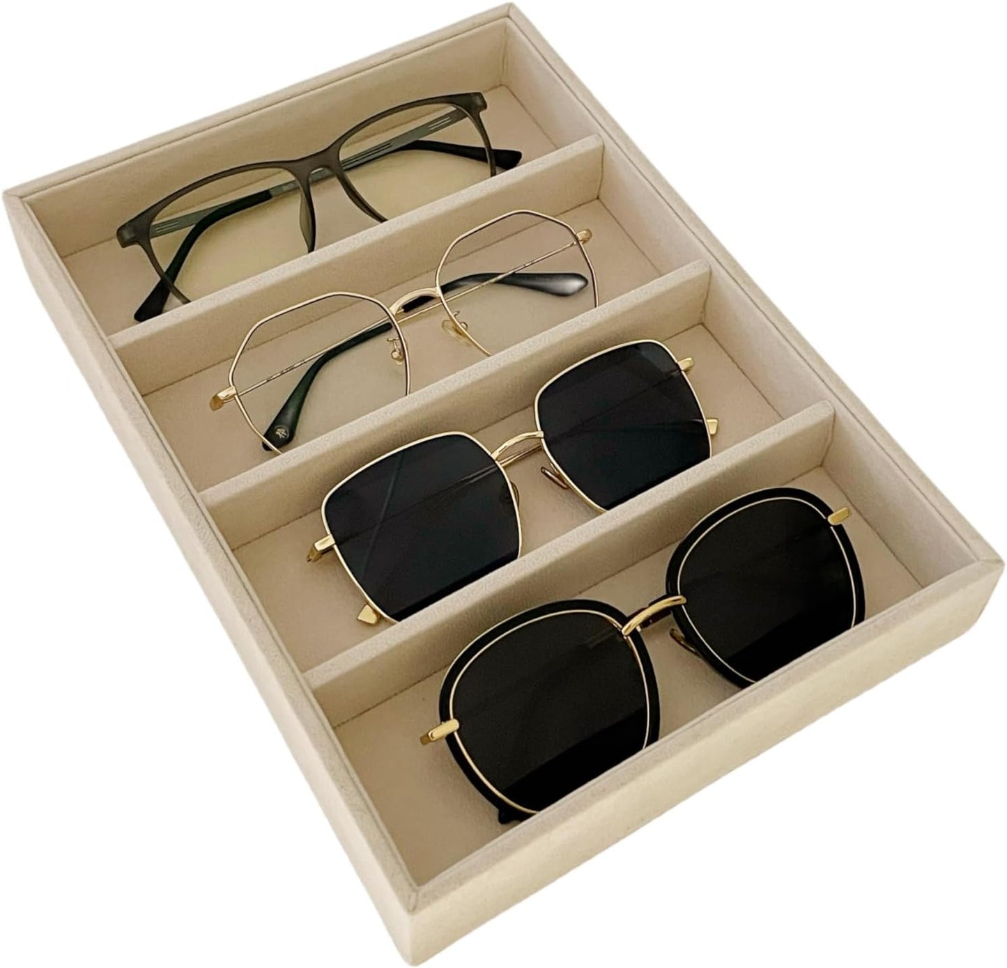 Velvet Sunglasses Organizer Tray 4 Slot, Stackable Eyewear & Glasses Display Case, Premium Beige Velvet, Scratch-Free Lining, Drawer Insert for Dressing Table Vanity Home Retail Trade Show