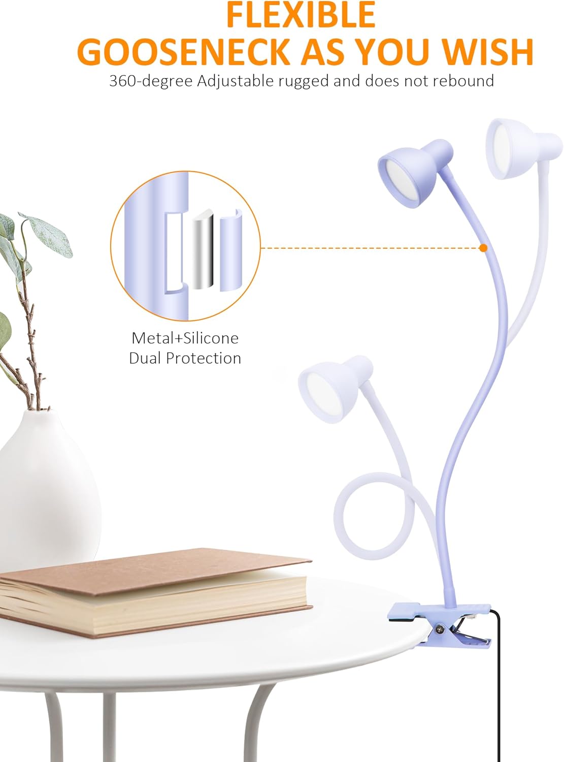 Clip on Lamp USB Reading Light, 3 Color Modes, 10 Brightness Dimmable, 360° Flexible Desk Lamp with Clamp, Eye Care Clip on Light for Bed Desk Headboard Home Dorm White