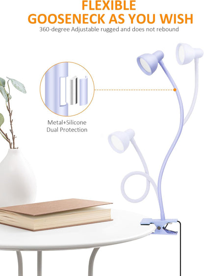 Clip on Lamp USB Reading Light, 3 Color Modes, 10 Brightness Dimmable, 360° Flexible Desk Lamp with Clamp, Eye Care Clip on Light for Bed Desk Headboard Home Dorm White