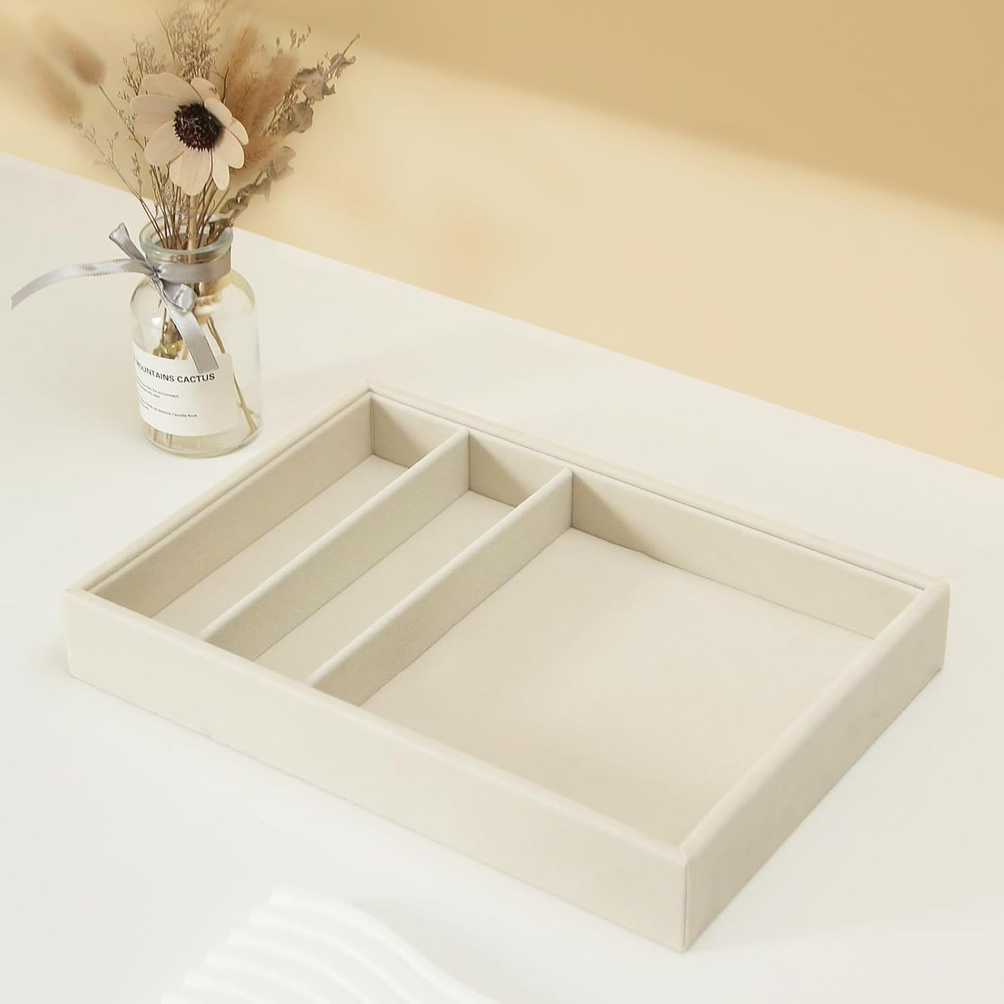 Bedside Organizer - Multi-use Holder for Desk Drawer, Nightstand, Desktop - Catchall Tray for Jewelry, Sunglasses, Phone, Watch, Perfume, Lipstick (Beige 5Grid)