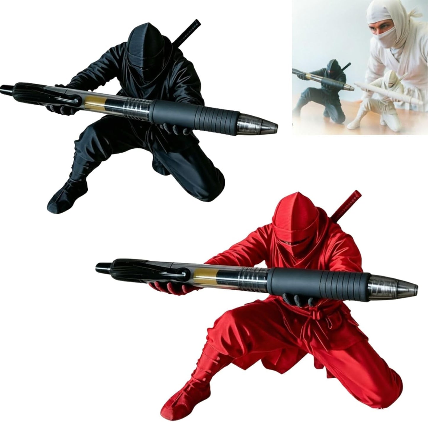 HUBAI 2 Packs Ninja Pen Holder For Desk,Ninja Warrior Pen Holder With Sword And Weapon Accessories,3D Printed Creative Ninja Desk Organizer with Sword,Office Desk Accessories(Red and Black)