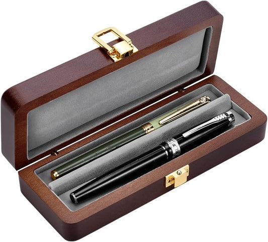 BENECREAT 2Slots Fountain Pen Collector Organizer, Rectangle Wood Pen Packing Boxes with Alloy Clasps and Velvet Inside for Ballpoint Pen, Fountain Pen, 1.9x6.2inch