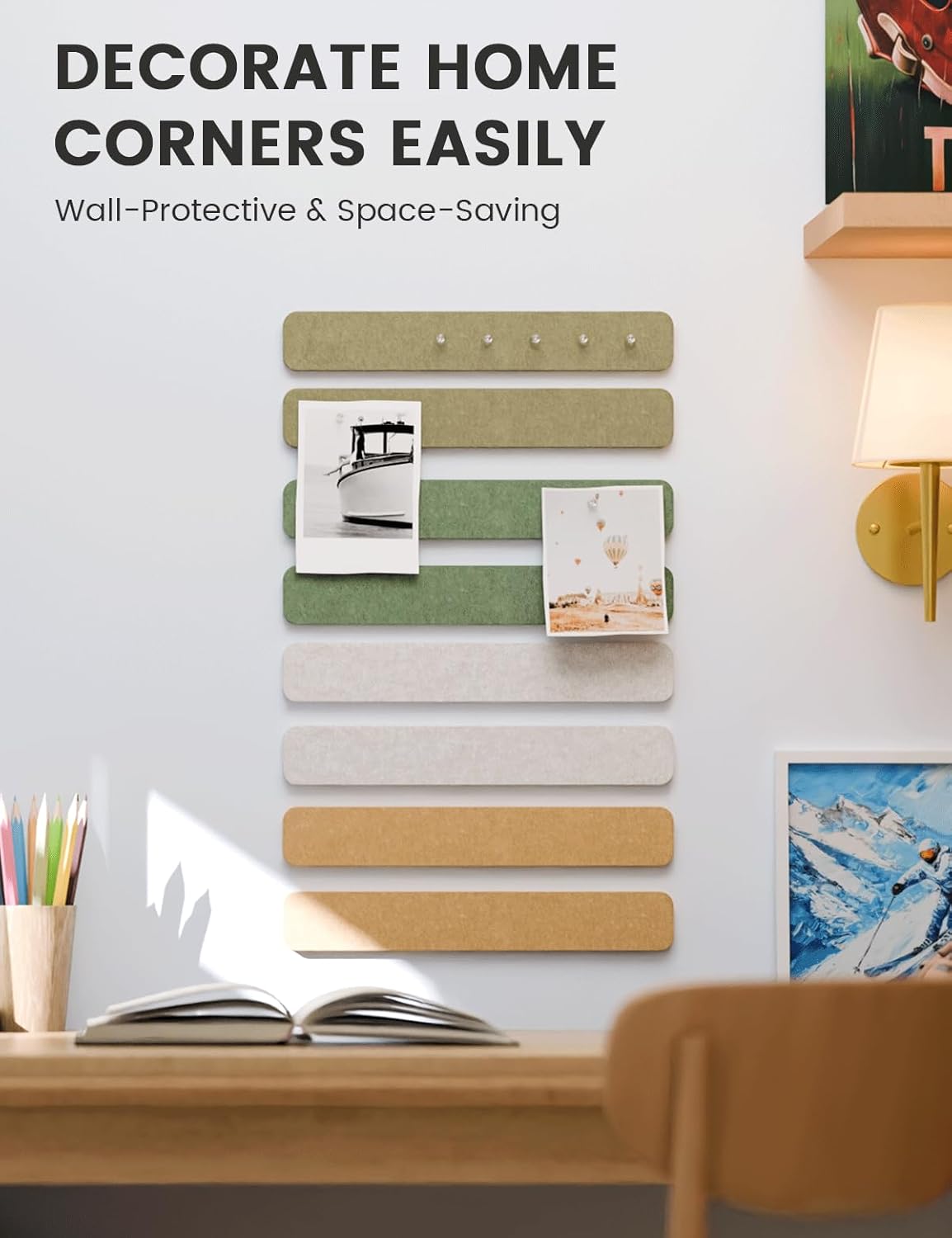 Fluxynara Cork Board Alternative Felt Strip Board 8-Pack 13"x2", Office Pin Board with 50 Push Pins, Adhesive Install for Bedroom Door & Home Office(Linen Dusk)
