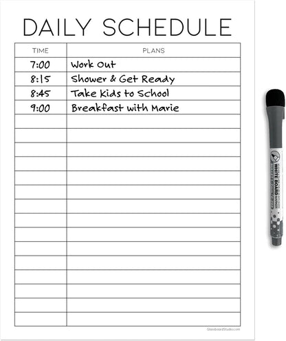 Dry Erase Daily Schedule Planner Sticker Decal by Glassboard Studio | Removable & Reusable | Magnetic Fine-Tip Marker Included (9 x 12 inches, White)