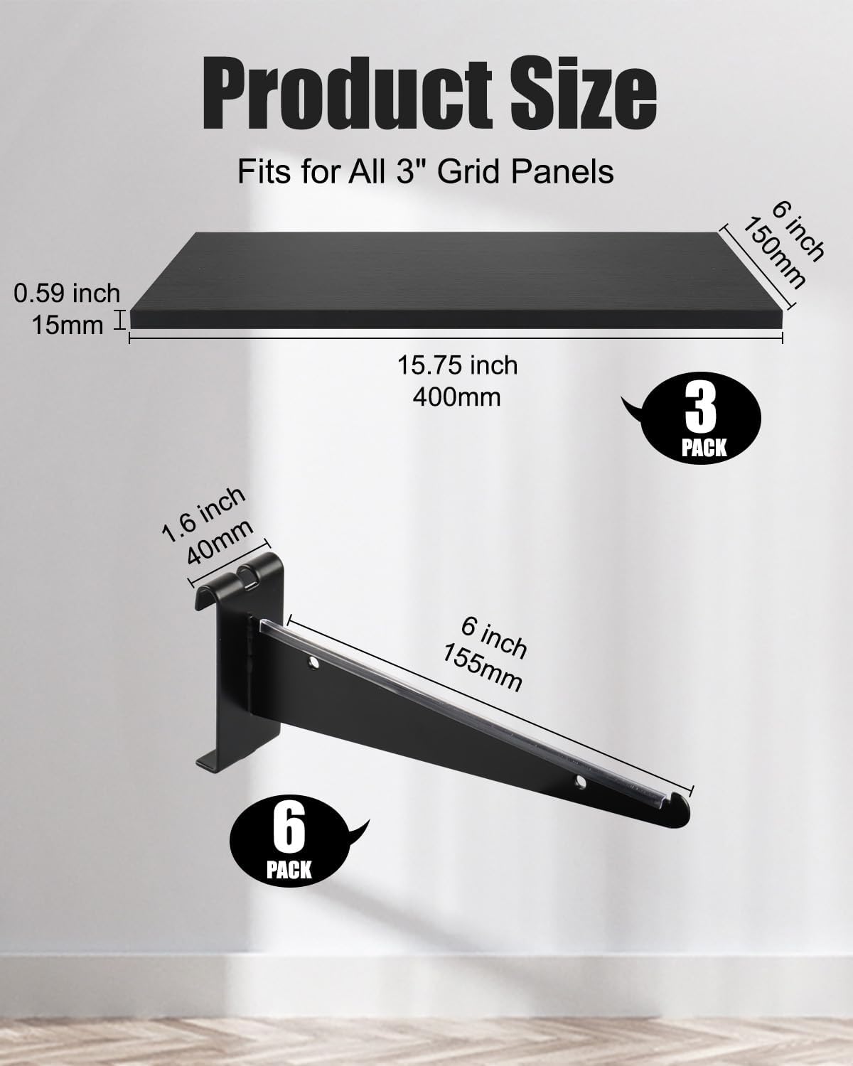 6 Pack Gridwall Shelf with Metal Brackets, 16"x 8" Wooden Gridwall Shelves Heavy Duty Gridwall Shelving Organizer Accessories for Garage, Visualizer, Workbench and Bitchenette (16x8x0.6)