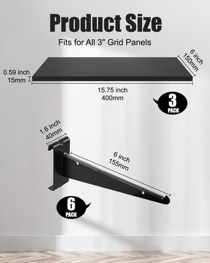 6 Pack Gridwall Shelf with Metal Brackets, 16"x 8" Wooden Gridwall Shelves Heavy Duty Gridwall Shelving Organizer Accessories for Garage, Visualizer, Workbench and Bitchenette (16x8x0.6)