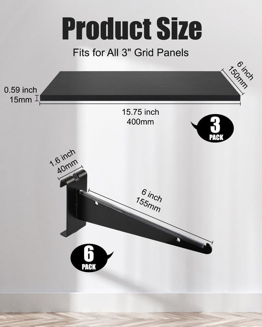 6 Pack Gridwall Shelf with Metal Brackets, 16"x 8" Wooden Gridwall Shelves Heavy Duty Gridwall Shelving Organizer Accessories for Garage, Visualizer, Workbench and Bitchenette (16x8x0.6)