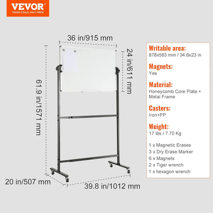 VEVOR Magnetic Glass Whiteboard, Dry Erase Board 36"x24", Wall-Mounted Large White Glassboard Frameless, with Marker Tray, an Eraser and 2 Markers, Black