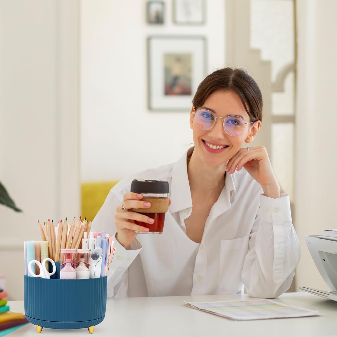 SKYDUE 360 Rotating Plastic Desk Pen Organizer with 5 Slots, Dual-Purpose Art Supply Pencil Cup for Office, School, Home