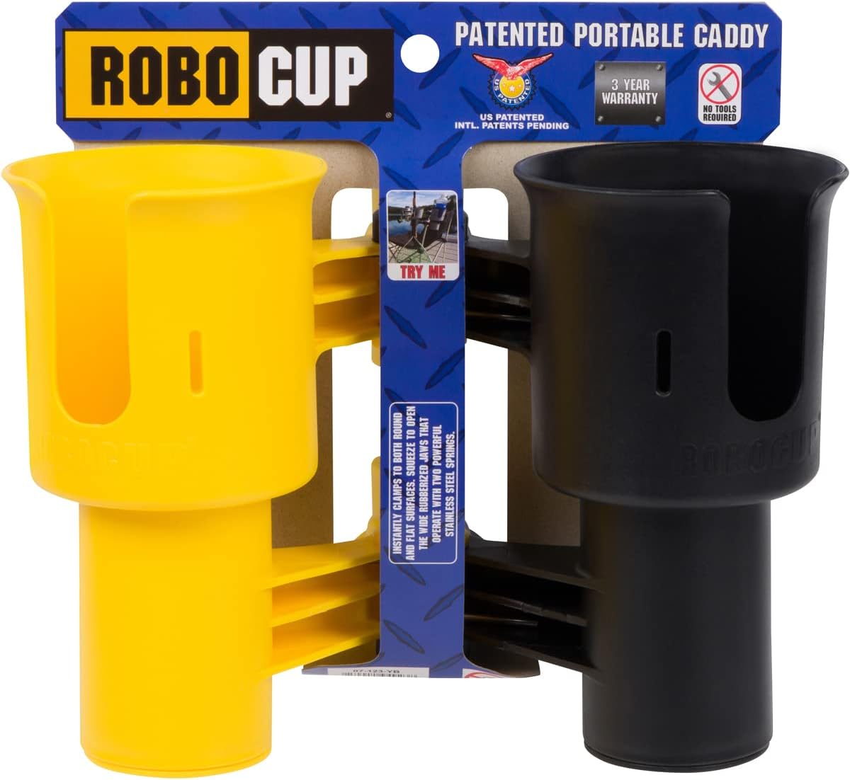 ROBOCUP, (White), Patented Clamp On Boat Cup Holder |Multifunction Dual Drink Caddy for Fishing Poles, Tools, Net, Gaff |Portable Storage for Boating, Beach, Umbrellas, Golf Carts, Strollers
