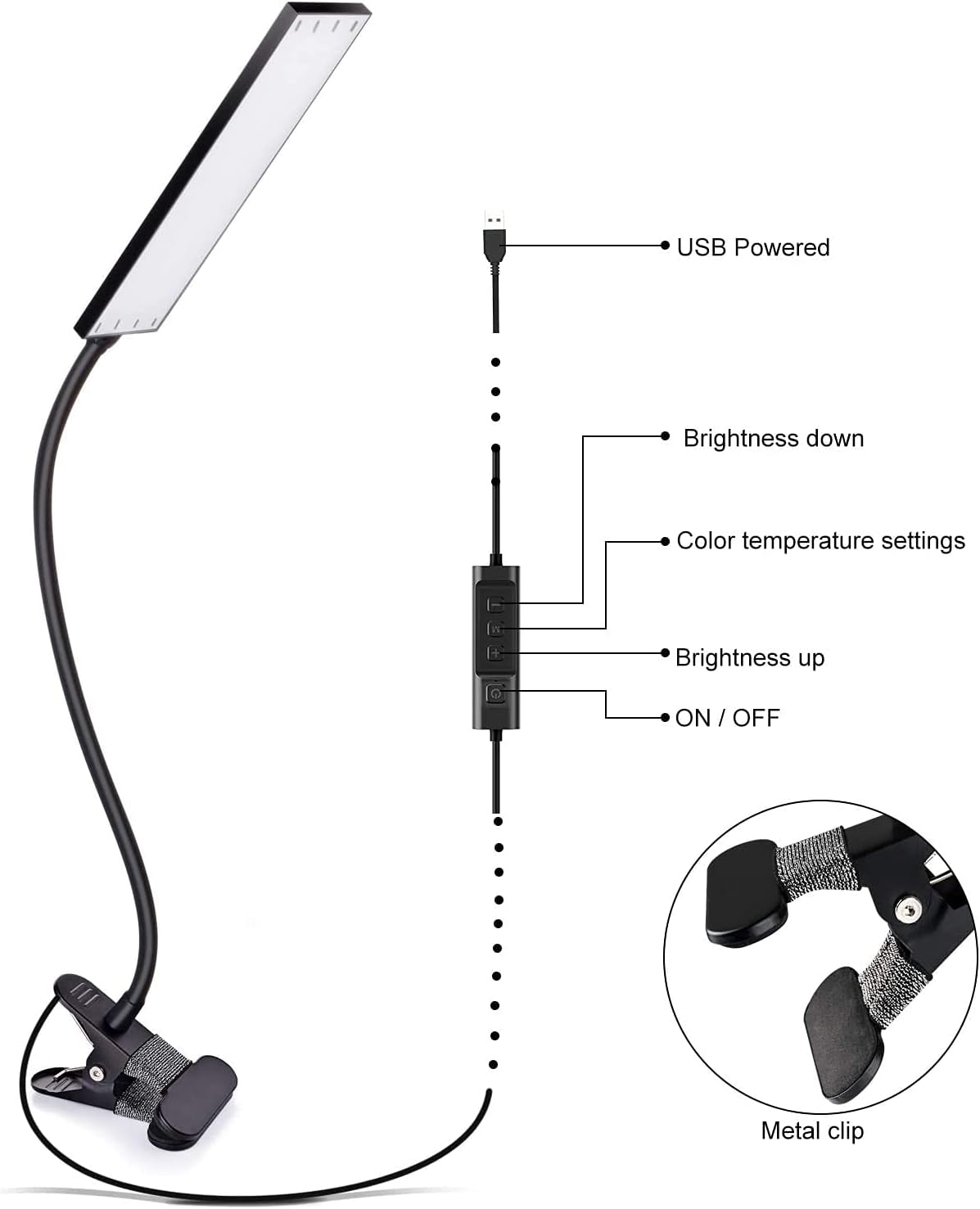 Vansuny Clip on Light LED Desk Lamp with Eye-Caring LED Light and Metal Clip, 6 Level Brightness 3 Color Modes, Power by USB Port 5W Adjustable Neck Reading Lamp for Home and Office (5W, Black)