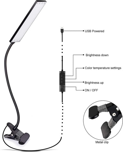 Vansuny Clip on Light LED Desk Lamp with Eye-Caring LED Light and Metal Clip, 6 Level Brightness 3 Color Modes, Power by USB Port 5W Adjustable Neck Reading Lamp for Home and Office (5W, Black)