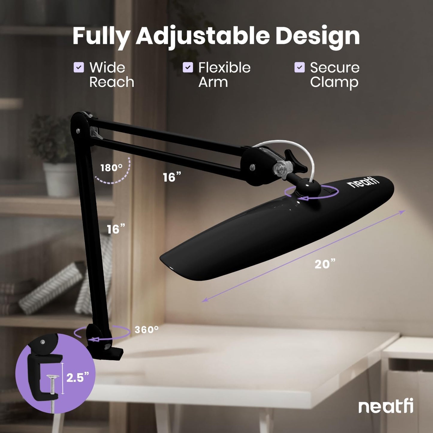 Neatfi XL 2200 Lumens 24W LED Desk Lamp – Shadow-Free Task Lighting | 4-Level Dimming | Home Office & Crafts Use | 20-Inch Wide Head (White, Non-CCT with Clamp)