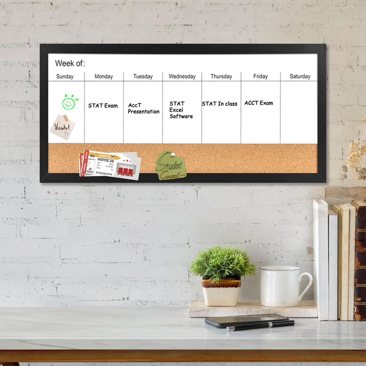Magnetic Weekly Dry Erase White Board and Cork Board, Black Wood Frame，Magnetic Surface Whiteboard for Home Office and Wall Decor(ZHZL-2040BK)