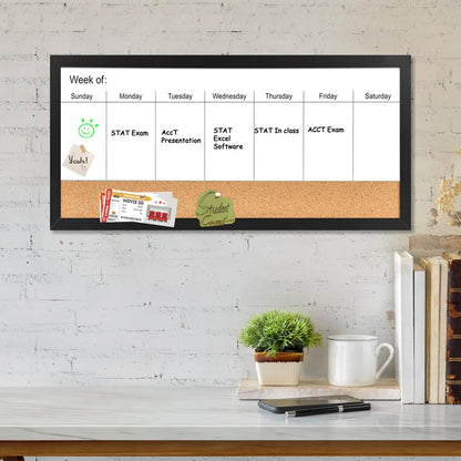 Magnetic Weekly Dry Erase White Board and Cork Board, Black Wood Frame，Magnetic Surface Whiteboard for Home Office and Wall Decor(ZHZL-2040BK)