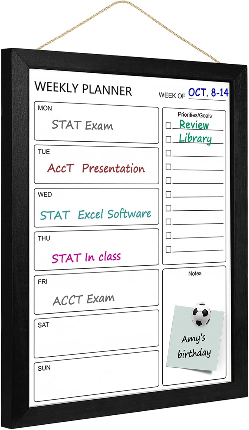 Dry Erase White Board Weekly Calendar Board, Magnetic Whiteboard for Wall,13“x17 Solid Wood Rustic Brown Framed Message Board, Planner Board for Office, Home, School(Weekly-BB-RB-3343)