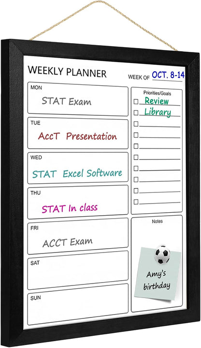 Dry Erase White Board Weekly Calendar Board, Magnetic Whiteboard for Wall,13“x17 Solid Wood Rustic Brown Framed Message Board, Planner Board for Office, Home, School(Weekly-BB-RB-3343)