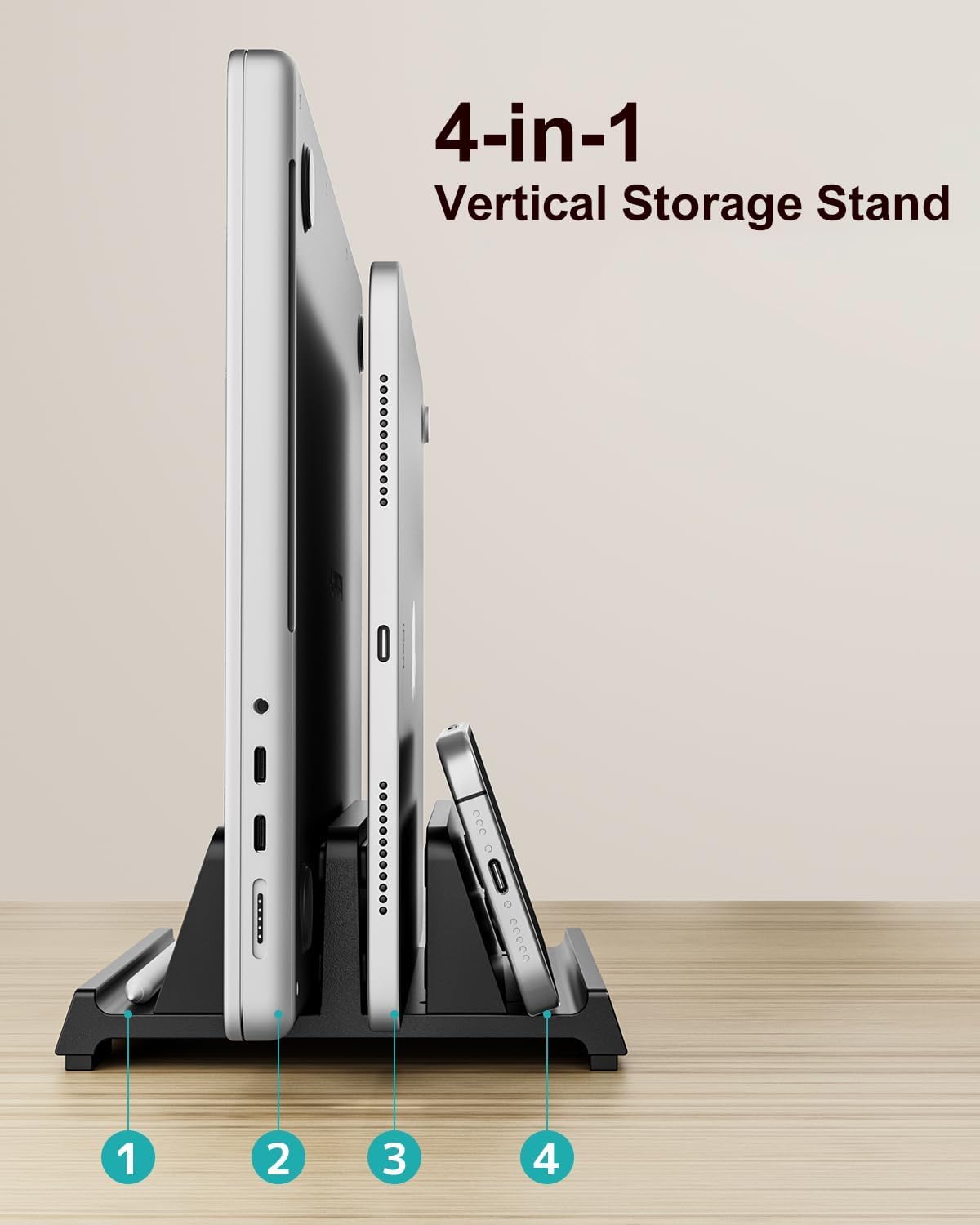 Vertical Laptop Stand for Desk, Dual Slots Plastic Laptop Holder with Space Saving 4-in-1 Design, Adjustable Width Supports MacBook, Chromebook, Surface, Dell (Black)