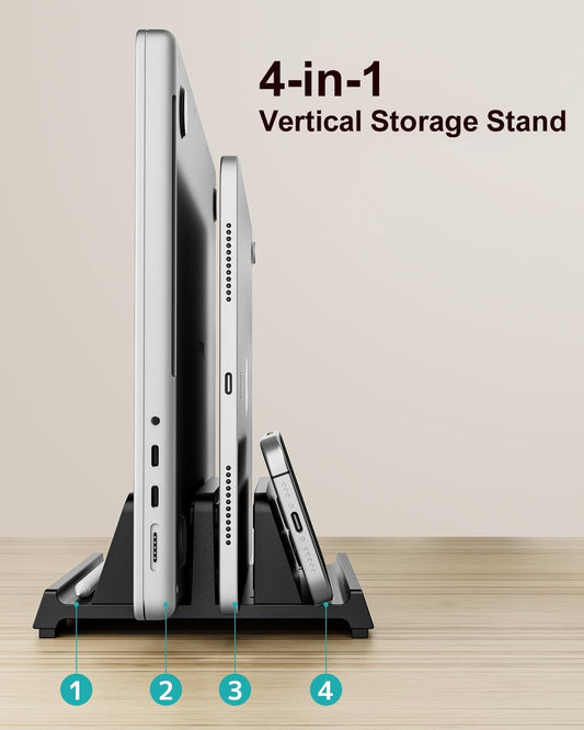 Vertical Laptop Stand for Desk, Dual Slots Plastic Laptop Holder with Space Saving 4-in-1 Design, Adjustable Width Supports MacBook, Chromebook, Surface, Dell (Black)