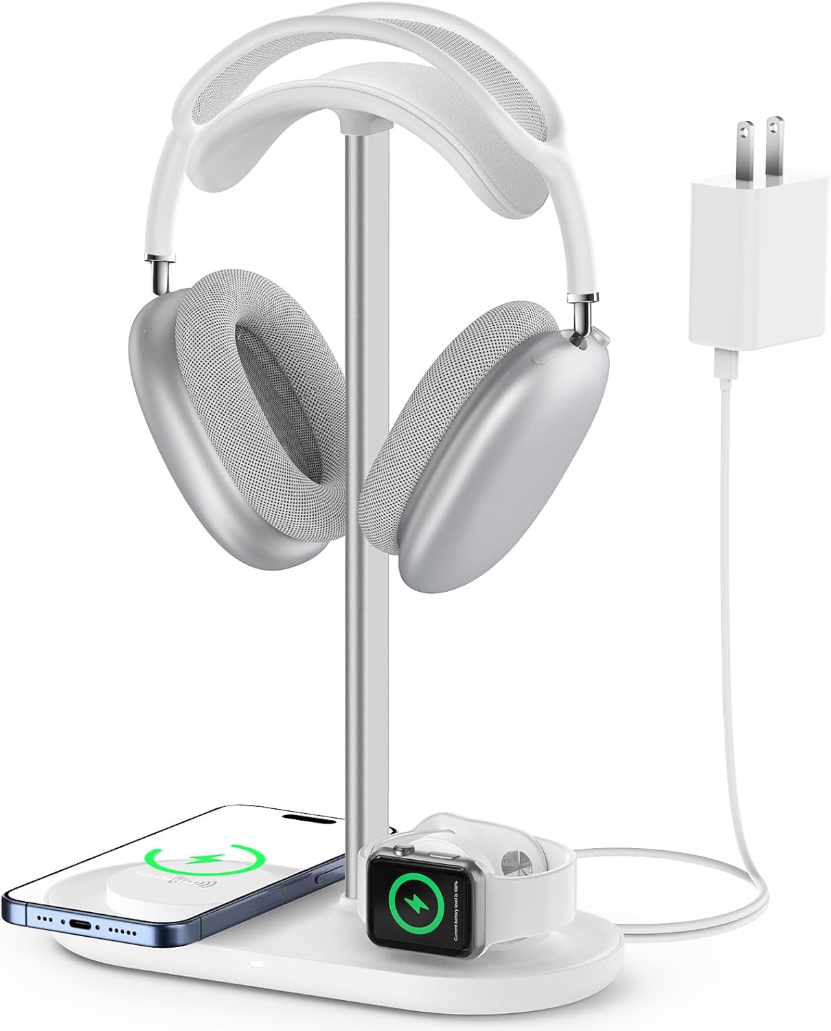 HiWe 4-in-1 RGB Gaming Headphone Stand with Dual Controller Holder, Wireless Charger for iPhone/Apple Watch, USB-A & USB-C Outputs, Adapter Included, Black