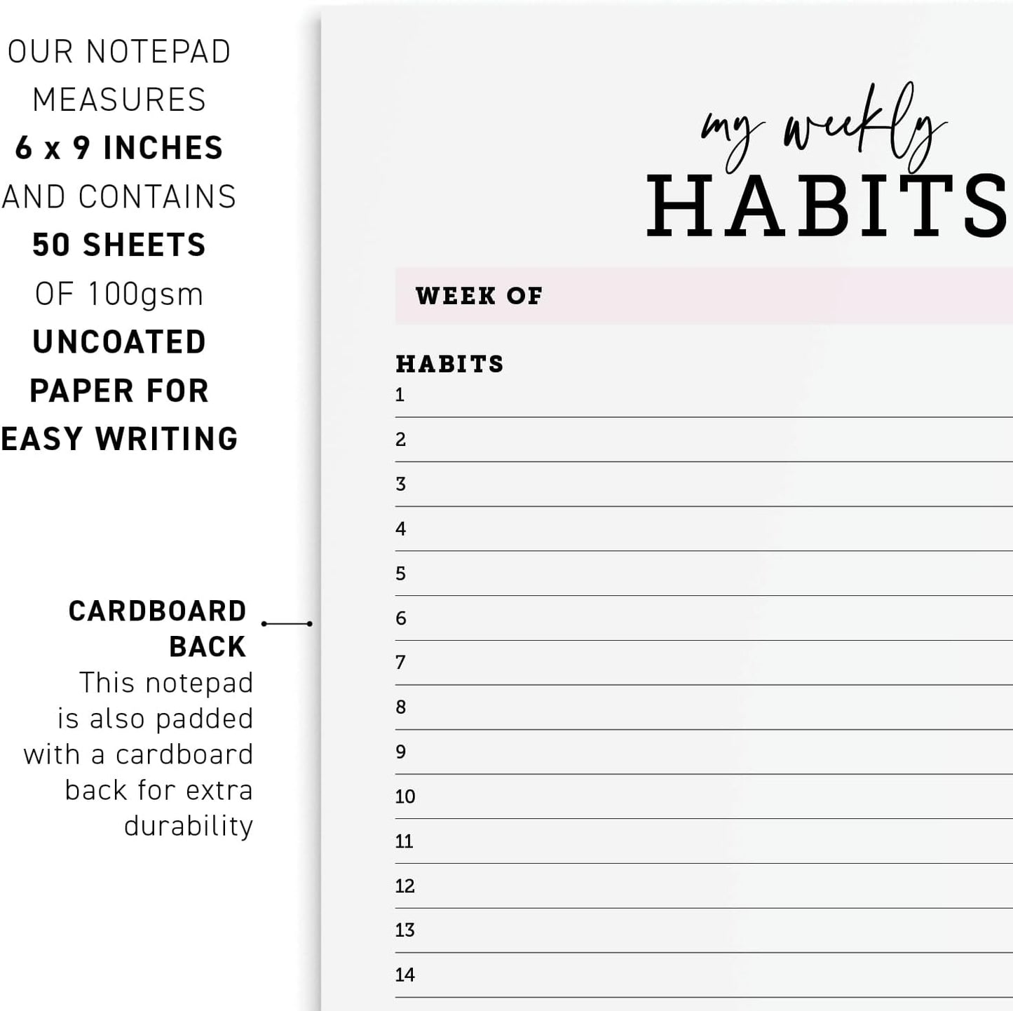 CARDAMONOLY Habit Tracker Notepad in Black and Light Pink- 50 Page Tear Off Planning Pad - 6 x 9 - High Performance Planner - Chore Chart for Adults - Weekly Planner Undated - Self Care Planner