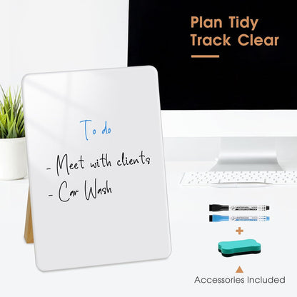 Desktop Glass Dry Erase Board, Small Glass Whiteboard with Adjustable Wood Stand - Reusable Desk Notepad 11" x 8.2" for Home Office