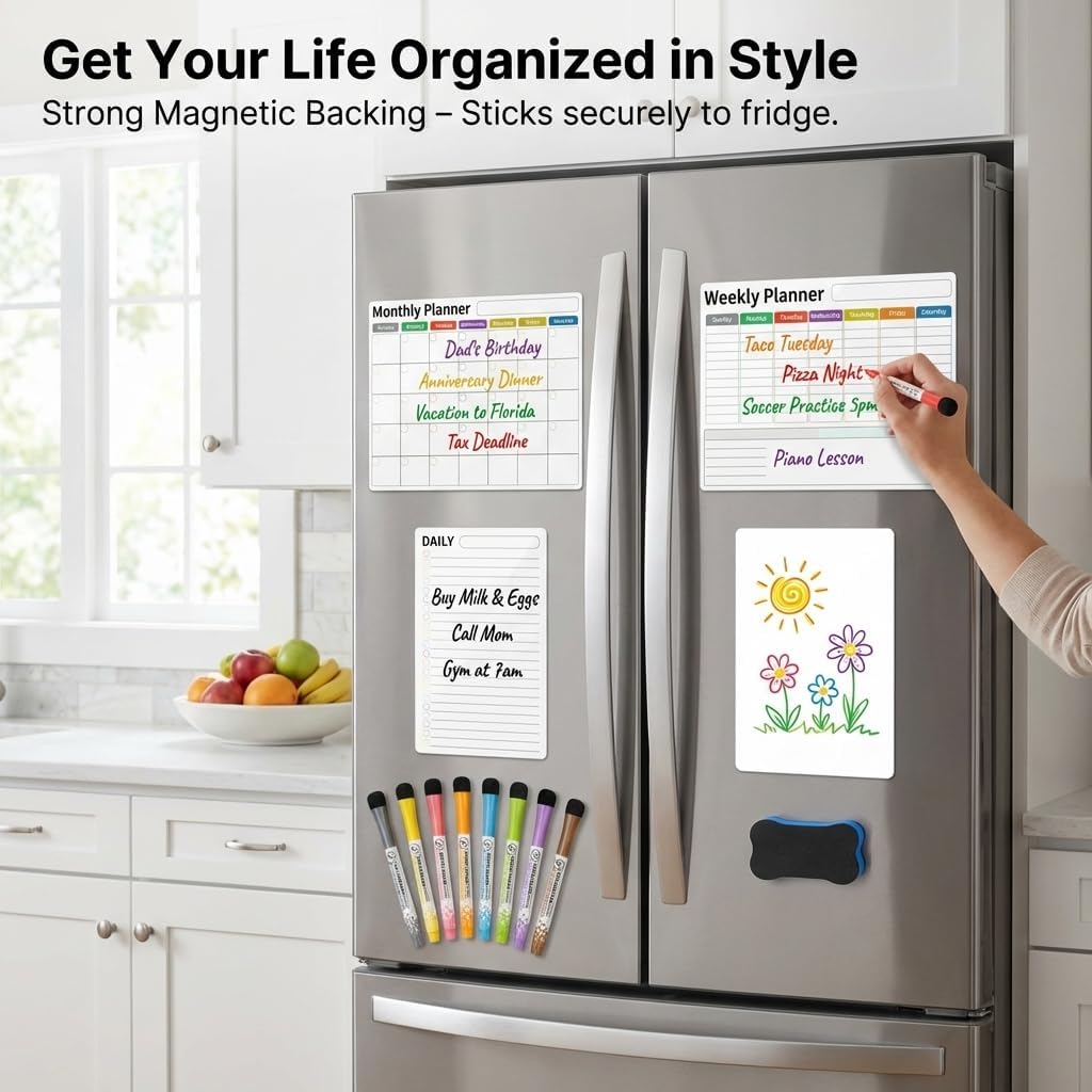 Magnetic Calendar for Refrigerator (3-Pack, Ships Flat) - 17"x12" Monthly, Weekly & Daily Planner with Lined Grids - Nano-Tech Dry Erase Board Fridge Whiteboard, 8 Markers & Eraser