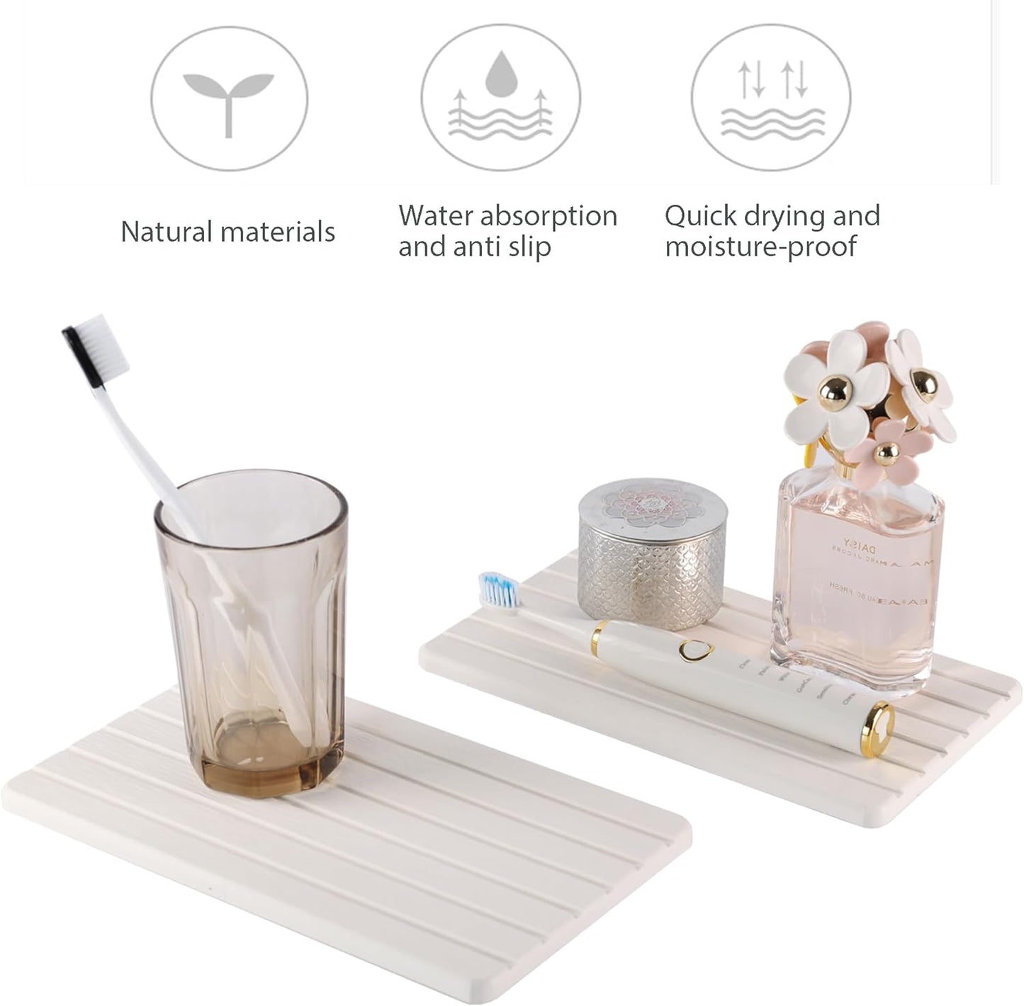 NiuYichee 2 PCS Water Absorbent diatomite Coasters, 8.3" x 4" Water Absorbing Stone Tray for Sink, Stone Drying mat for Kitchen Counter, Stone soap Tray Used for Hand Soaps & toiletries & Plants