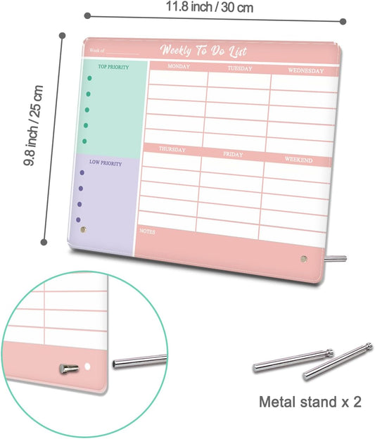 Desktop Thickened Acrylic Dry Erase Weekly To Do List, 11.8"x9.8" Colorful Whiteboard with Stand, Frameless Weekly Planner for Office/School/Home, Daily To Do List for Work and Personal Organized(2530,1p)