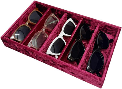 AgentMoon 5-Compartment Velvet Sunglasses & Jewelry Organizer Tray – Adjustable Dividers, Sturdy Wood, Non-Slip Storage for Watches, Glasses, Bracelets, Desk or Drawer.(Tabby Red)