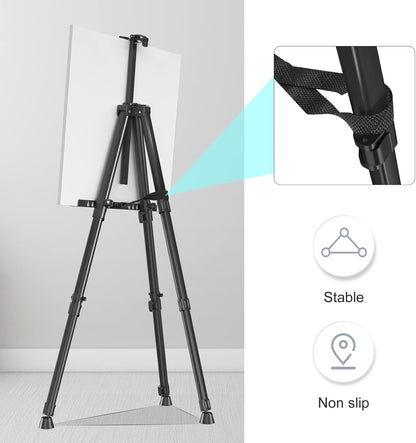 Art Painting Artist Easel Stand, Portable Adjustable Aluminum Metal Tripod Display Easel with Bag, Height from 17 to 66 inch for Table-Top/Floor Drawing and Displaying, Black