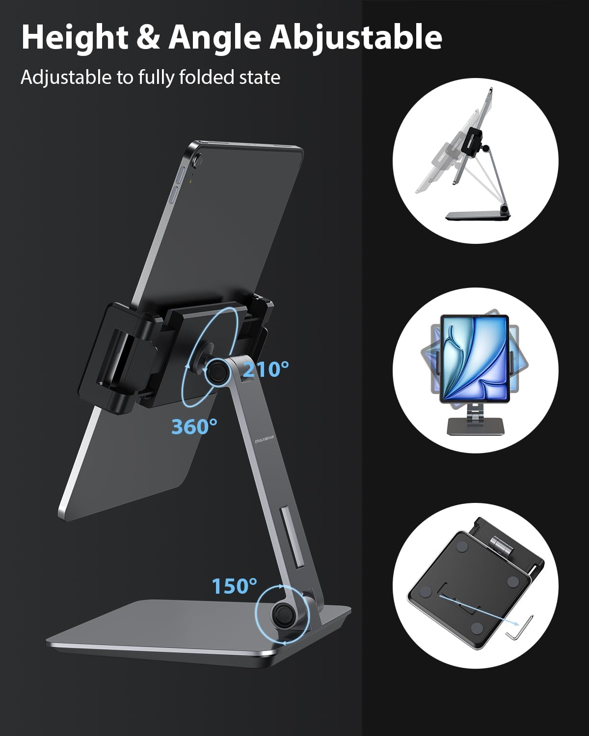 Maxonar Tablet Stand for Desk, 360° Adjustable Aluminum Alloy Swivel iPad Charging Tablet, iPad Pro Air Mini Tablet Holder for Bed Store POS Showcase Kitchen Office Drawing Desktop (6-13''), Silver