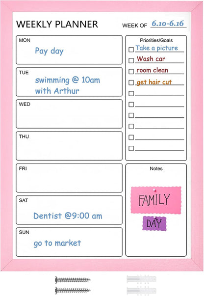 Dry Erase White Board Weekly Calendar Board, Magnetic Whiteboard for Wall,13“x17 Solid Wood Rustic Brown Framed Message Board, Planner Board for Office, Home, School(Weekly-BB-RB-3343)
