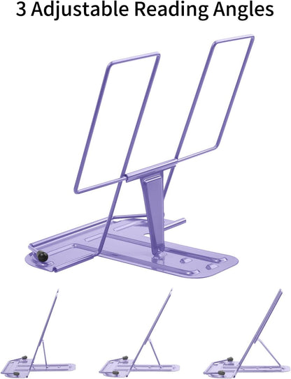 Metal Book Stand for Desk, Adjustable Reading Rest Book Holder, Portable Cookbook Documents Holder, Sturdy Typing Stand for Recipes Textbooks Tablet Music Books with Page Clips (Green)