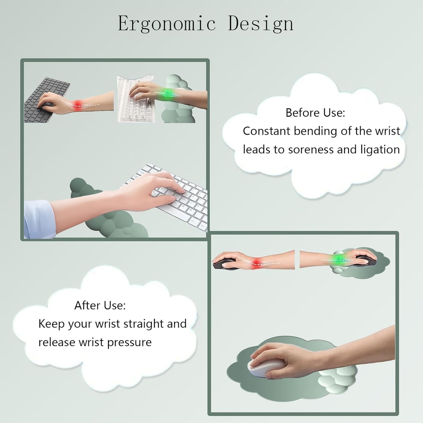 Cloud Keyboard Wrist Rest Dark Green Mouse Pad with Wrist Rest Ergonomic Wrist Pad Memory Foam Non-Slip Wrist Support for Computer Laptop Gaming Home Office Relief Typing Pain Green