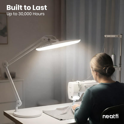 Neatfi XL 2200 Lumens 24W LED Desk Lamp – Shadow-Free Task Lighting | 4-Level Dimming | Home Office & Crafts Use | 20-Inch Wide Head (White, Non-CCT with Clamp)