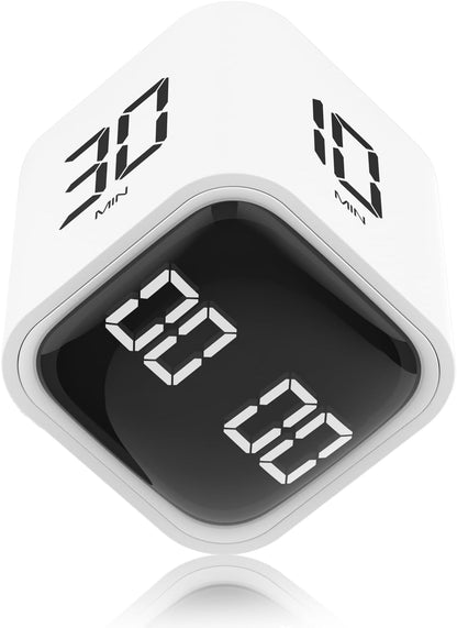 Rotating Cube Timer - 5/30/10/60min Presets, Gravity Sensor Pomodoro Stopwatch, 3 Sound Modes, ADHD Study Tool for Office/Kitchen/Classroom (F4 White)