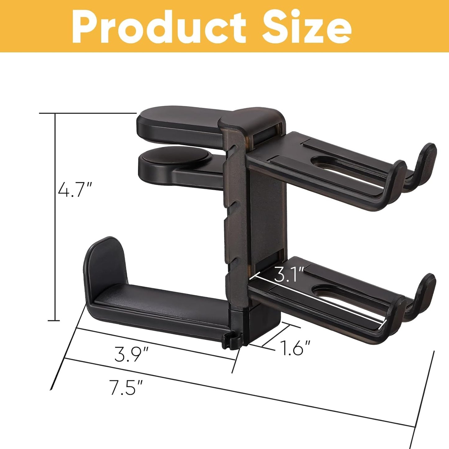 Under Desk Headphone Hanger with Strong Adhesive and Screws Mount, 360° Rotatable Dual Headset Holder Stand, Aluminum Metal Adjustable Headphone Hook, Perfect for Home Gaming & Office - Black