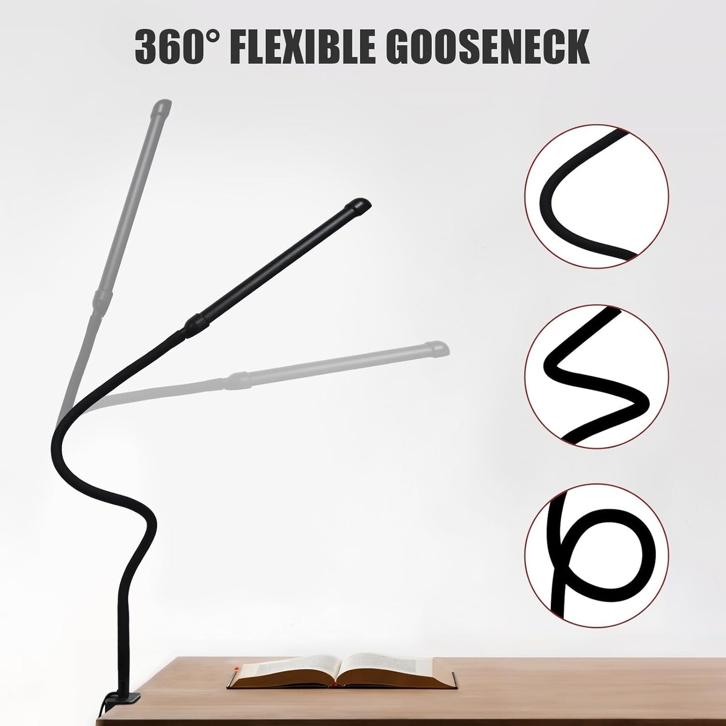 LED Desk Lamp with Clamp, Clamp Light with Adjustable Color Modes, Clip on Light with Long Flexible Gooseneck, Eye Care Lamp Clamp for Study, Work, Home, Office, Black, Metal, 12W