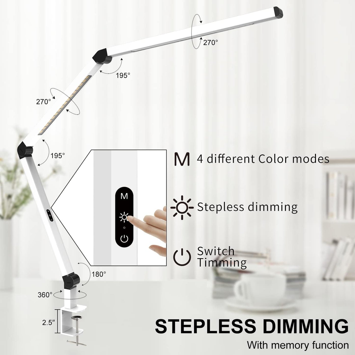LED Desk Lamp with Clamp, Architect Desk Lamp with Dual Light and Adjustable Swing Arm, Clip-on Eye-Care 4 CCT Modes & 5 Brightness Levels Table Light Modern Computer Lighting for Home Office