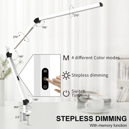 LED Desk Lamp with Clamp, Architect Desk Lamp with Dual Light and Adjustable Swing Arm, Clip-on Eye-Care 4 CCT Modes & 5 Brightness Levels Table Light Modern Computer Lighting for Home Office