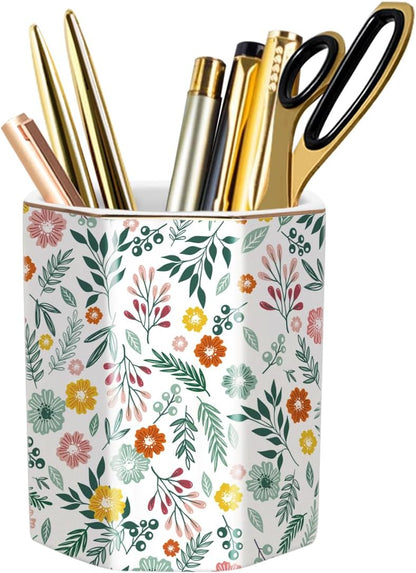 Pen Holder, Pencil Holder for Desk, Marble Desk Organizer Cute, Durable Ceramic Pencil Cup, Decorative Makeup Brush Holder Cup, Stationery Holder for Office, Home, Gray Marble
