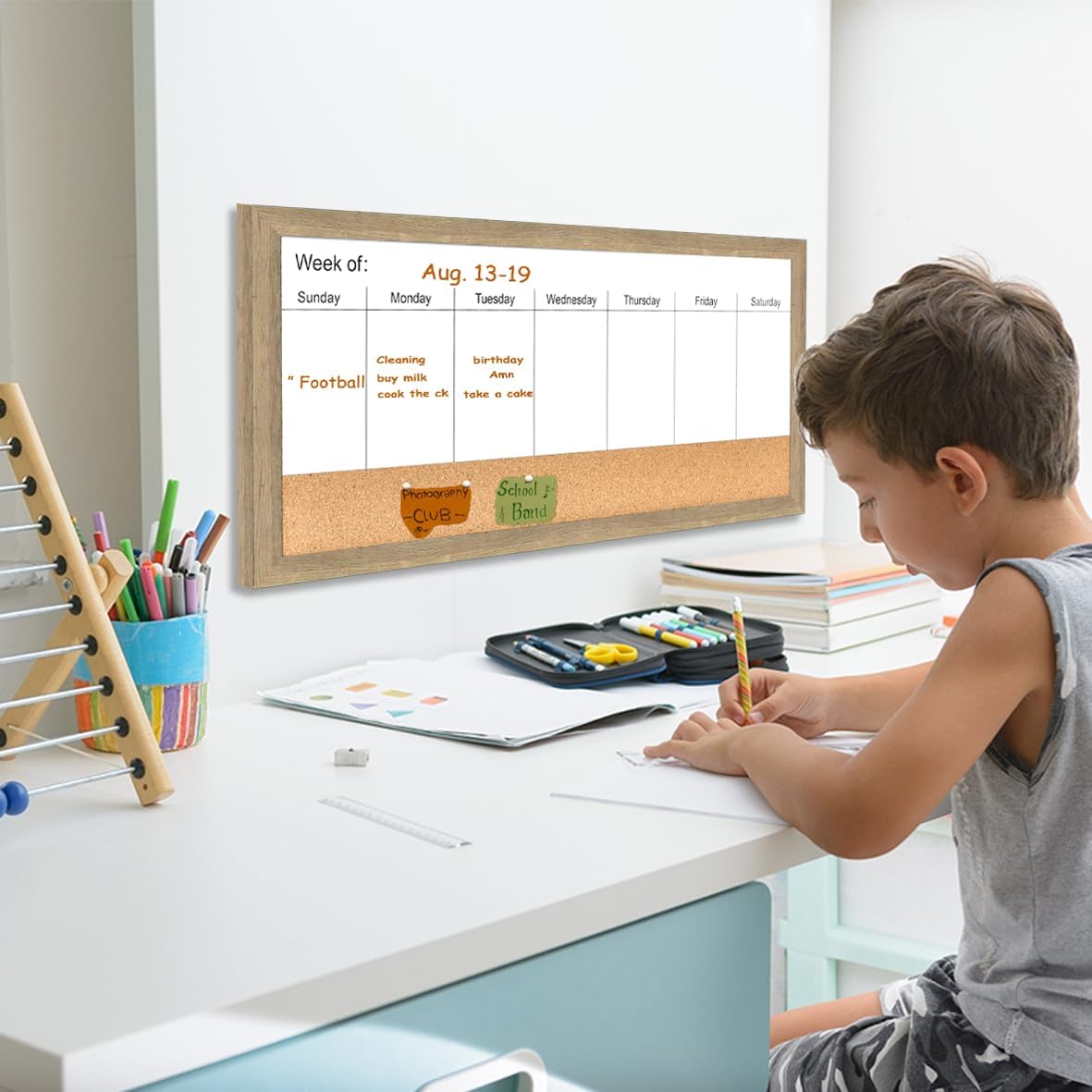Magnetic Weekly Dry Erase White Board and Cork Board, Black Wood Frame，Magnetic Surface Whiteboard for Home Office and Wall Decor(ZHZL-2040BK)